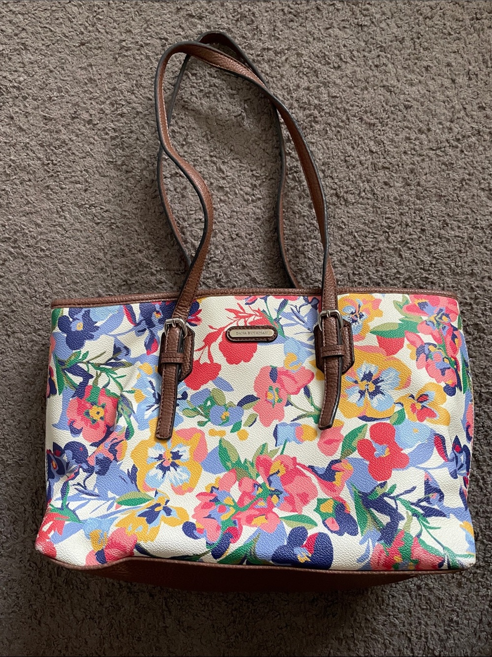 Dana Bachman Floral Canvas Tote Bag with Brown Straps